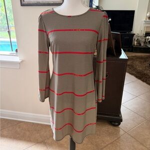 Jude Connally Beige Houndstooth Midi Dress with Red Stripes